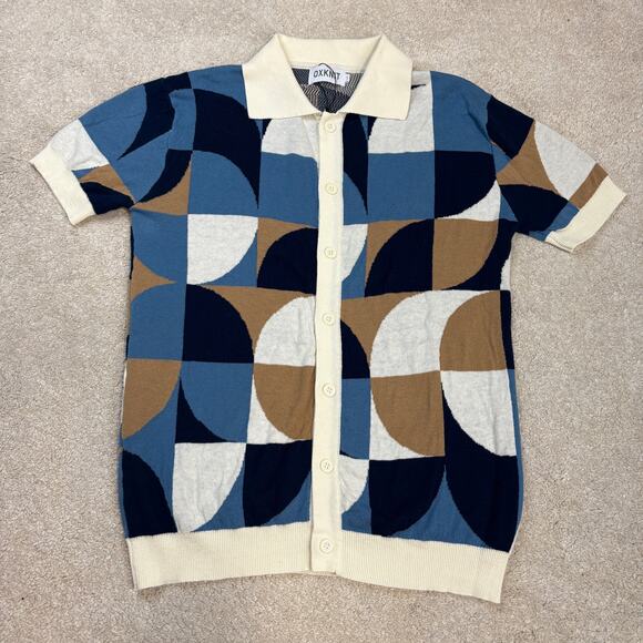 NWOT OXKnit Vintage Geometric Abstract Knitted Short Sleeve Polo Shirt Size S - Picture 1 of 5